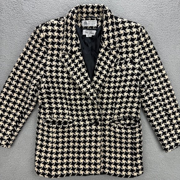 Bill Blass Blazer Women 12 Petite Black White Houndstooth Wool Sport Coat Jacket - Picture 2 of 9